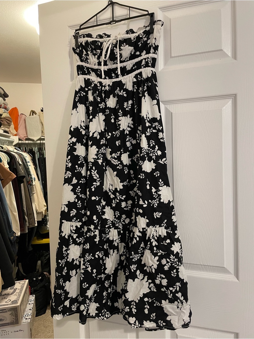 Black and White Floral Strapless Maxi Dress